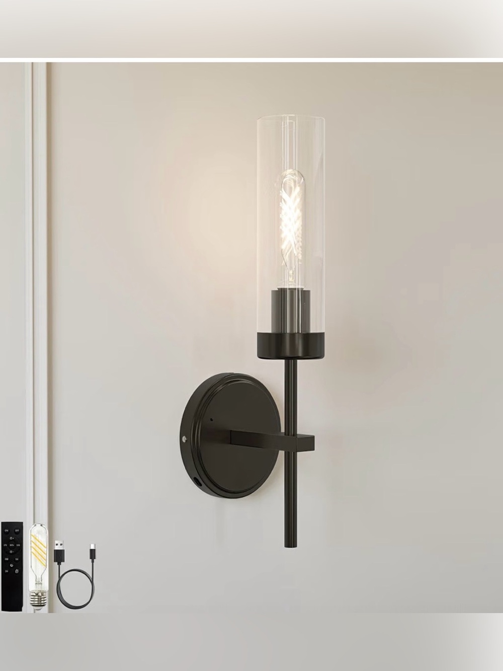 Modern Black Wall Sconce with Clear Glass Cylinder with Bulb - Rechargeable